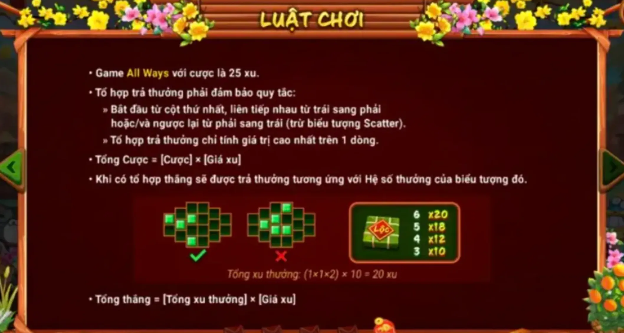 Hệ số thưởng của từng biểu tượng được hiển thị chi tiếty