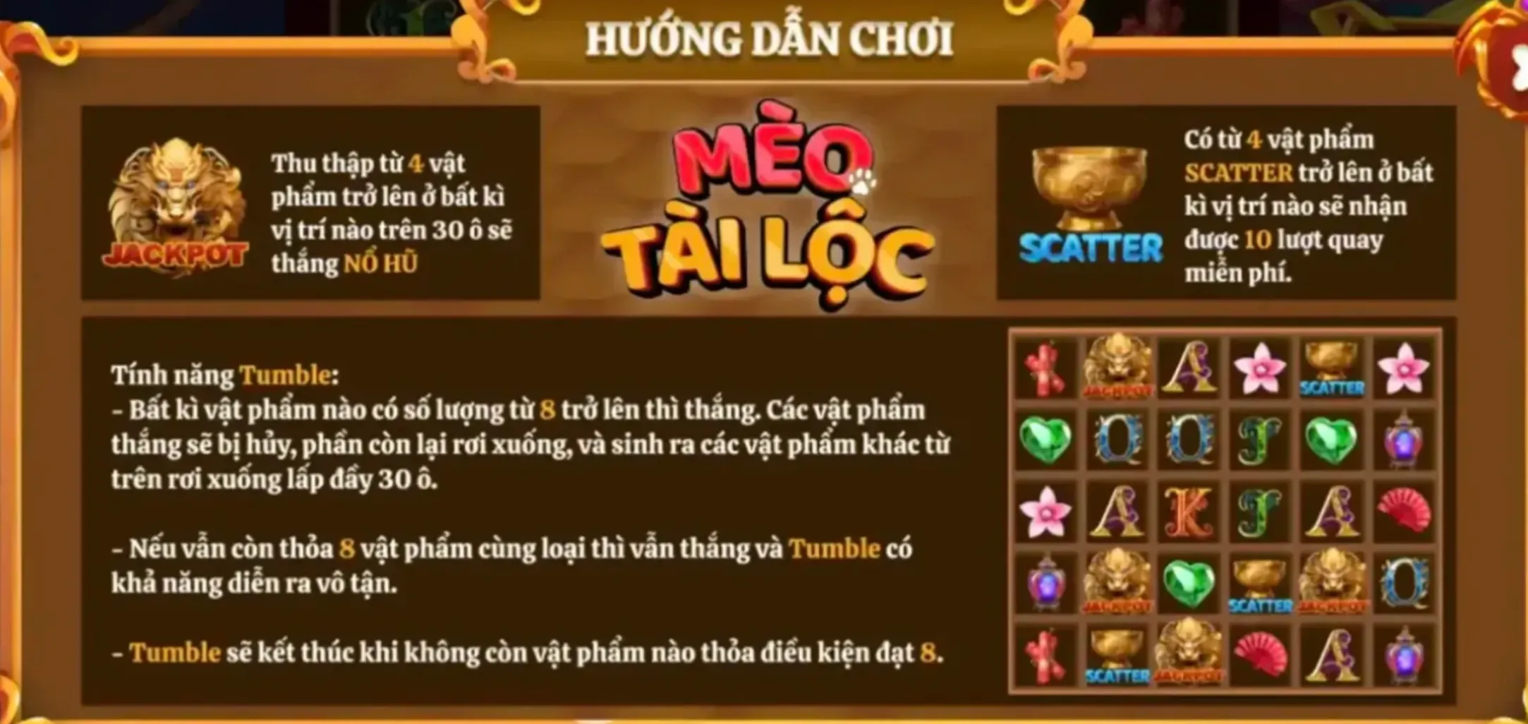 Tham khảo cách chơi cơ bản của slot game Mèo Tài Lộc